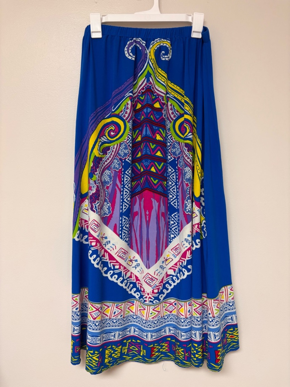 Boho Tribal Print Maxi Skirt Blue Multicolor Elastic Waist Statement Artsy L - Picture 5 of 9